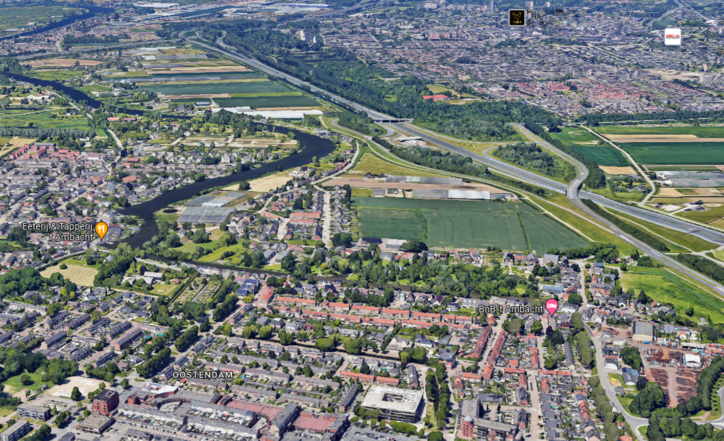 Luchtfoto Waal en A15 in huidige situatie anno 2024 - foto: GoogleMaps